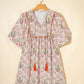 Pink Floral Print Tassel Tie V Neck Scalloped Detail Loose Mini Dress