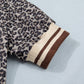 Khaki Leopard Print Half Zip Striped Trim Patchwork Short Sleeve Top