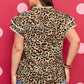 Khaki Plus Size Leopard Print Stitch Detail Ruffled Short Sleeve Blouse