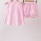 Pink stripe seersucker flamingo embroidery scalloped bloomer set