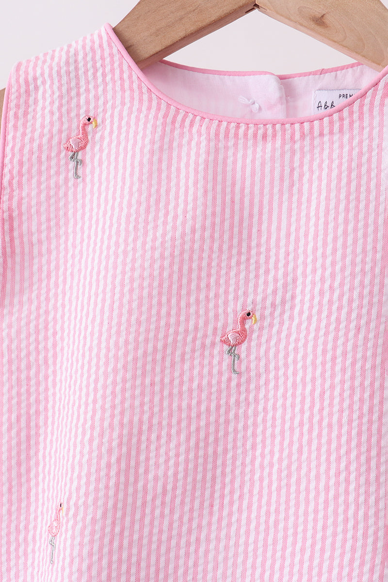 Pink stripe seersucker flamingo embroidery scalloped bloomer set
