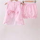 Pink stripe seersucker flamingo embroidery scalloped bloomer set