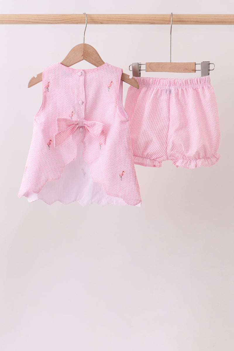 Pink stripe seersucker flamingo embroidery scalloped bloomer set