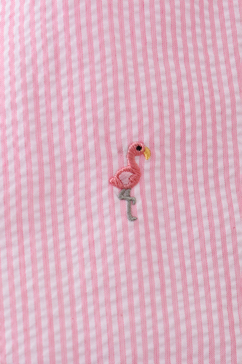 Pink stripe seersucker flamingo dress