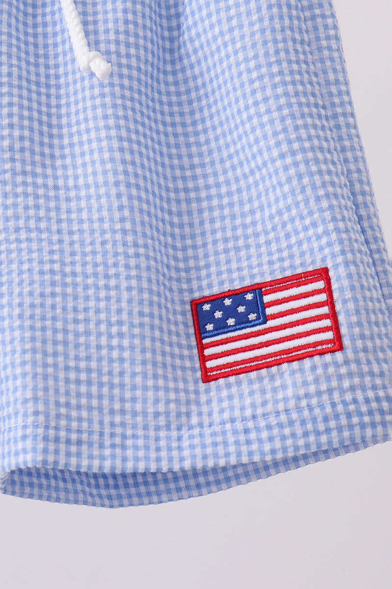 Blue flag embroidery gingham shorts