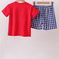 Red flag fireworks embroidery shorts set