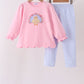 Pink turkey embroidery scalloped pants set