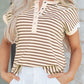 Khaki Stripe Half Buttons Round Neck T Shirt