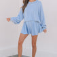 Sky Blue Corded Lantern Sleeve Top High Waist Ruffled Mini Skort Set