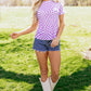 Purple Checkered Print Mock Neck Mesh T Shirt