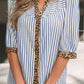 Sky Blue Stripe Leopard Trim V Neck Button Down Half Sleeve Shirt