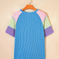 Blue Twisted Ribbed Color Block Patchwork Henley Short Sleeve T Shirt