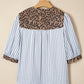 Sky Blue Stripe Leopard Trim V Neck Button Down Half Sleeve Shirt