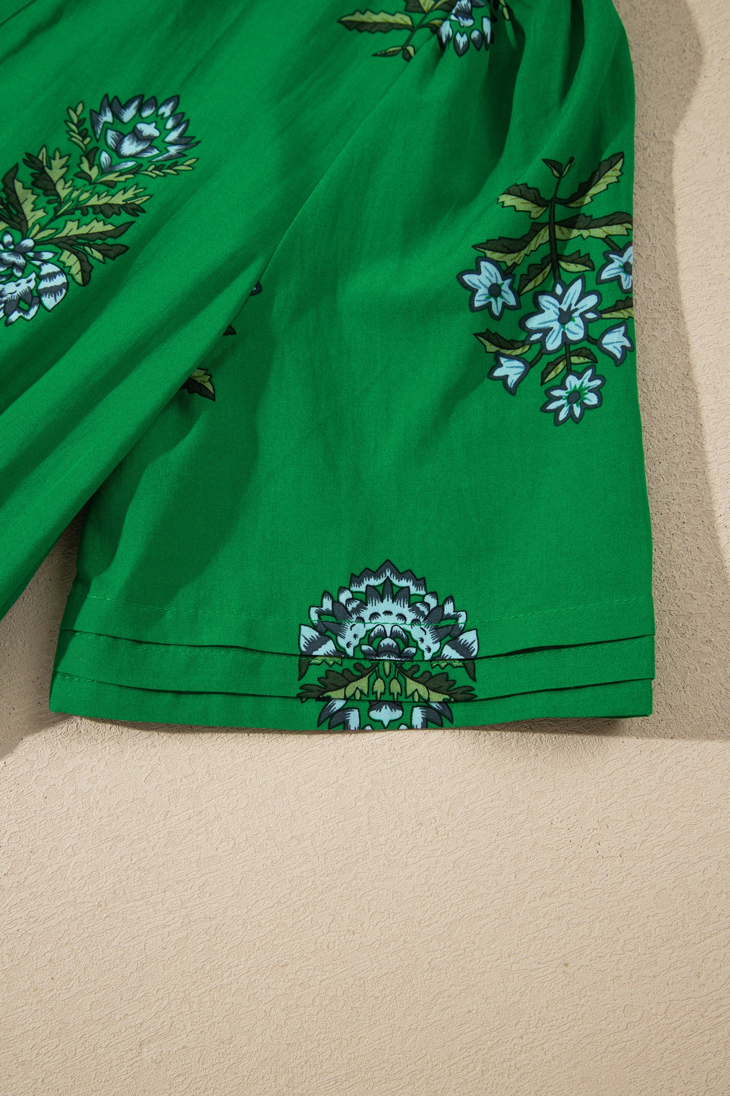 Green Floral Print Split Neck Shirred High Waist Ruffle Hem Maxi Dress
