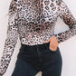 Brown Leopard Smocked Neck Mesh Long Sleeve Bodysuit