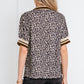 Khaki Leopard Print Half Zip Striped Trim Patchwork Short Sleeve Top