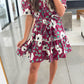 Red Floral Print Trimmed Short Puff Sleeve Mini Dress with Belt