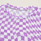 Purple Checkered Print Mock Neck Mesh T Shirt