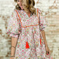 Pink Floral Print Tassel Tie V Neck Scalloped Detail Loose Mini Dress