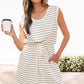 Beige Stripe Drawstring Tunic Tank Mini Dress with Pockets