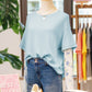 Beau Blue Floral Lace Sleeve Patchwork Waffle Fake Two-piece Top