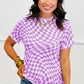 Purple Checkered Print Mock Neck Mesh T Shirt