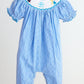 Blue snow princess hand smocked gingham girl romper