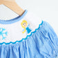 Blue snow princess hand smocked gingham girl romper