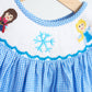 Blue snow princess hand smocked gingham girl romper