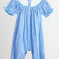 Blue snow princess hand smocked gingham girl romper