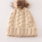 Beige pompom  cable beanie hat