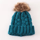 Teal pompom cable beanie hat