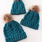 Teal pompom cable beanie hat