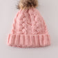 Pink pompom cable beanie hat