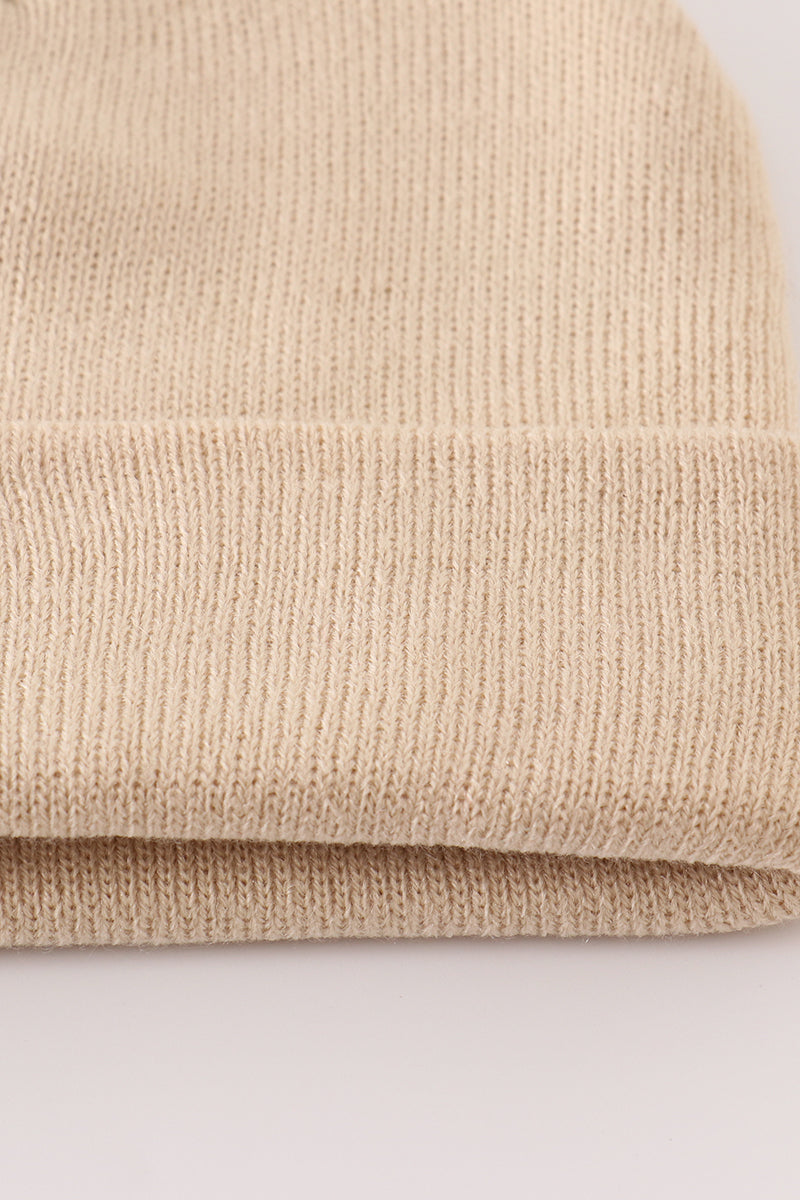 Beige ribbed basic knit beanie hat