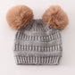 Light grey double pompom cable beanie hat