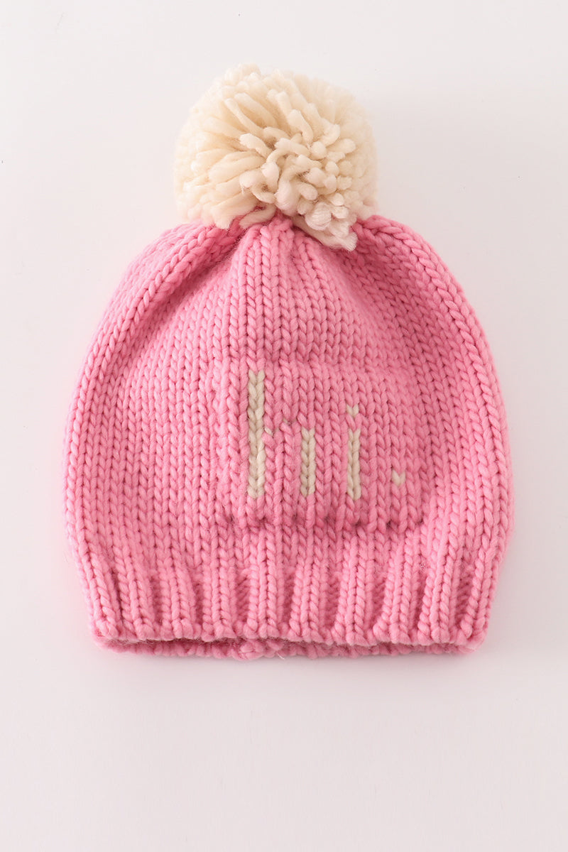 Pink pompom hi cable beanie hat