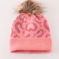 Pink pompom leopard cable beanie hat