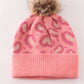 Pink pompom leopard cable beanie hat
