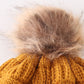 Mustard pompom cable beanie hat