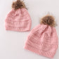 Pink pompom cable beanie hat