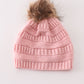 Pink pompom cable beanie hat
