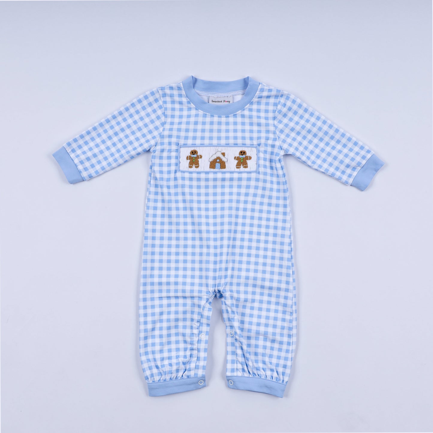 Blue gingerbread hand smocked gingham romper