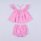 Pink character hand smocked dot ruffle bloomer set