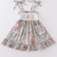 Floral print bunny embroidery smocked girl dress