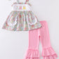 Floral print bunny embroidery smocked girl set