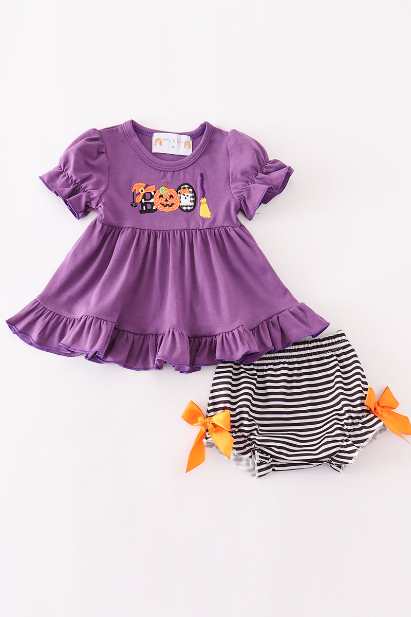 Halloween pumpkin ghost applique girl bloomers set