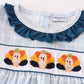 Teal thanksgiving turkey french knot plaid girl set