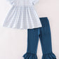 Teal thanksgiving turkey french knot plaid girl set