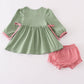 Green christmas reindeer embroidery girl bloomers set